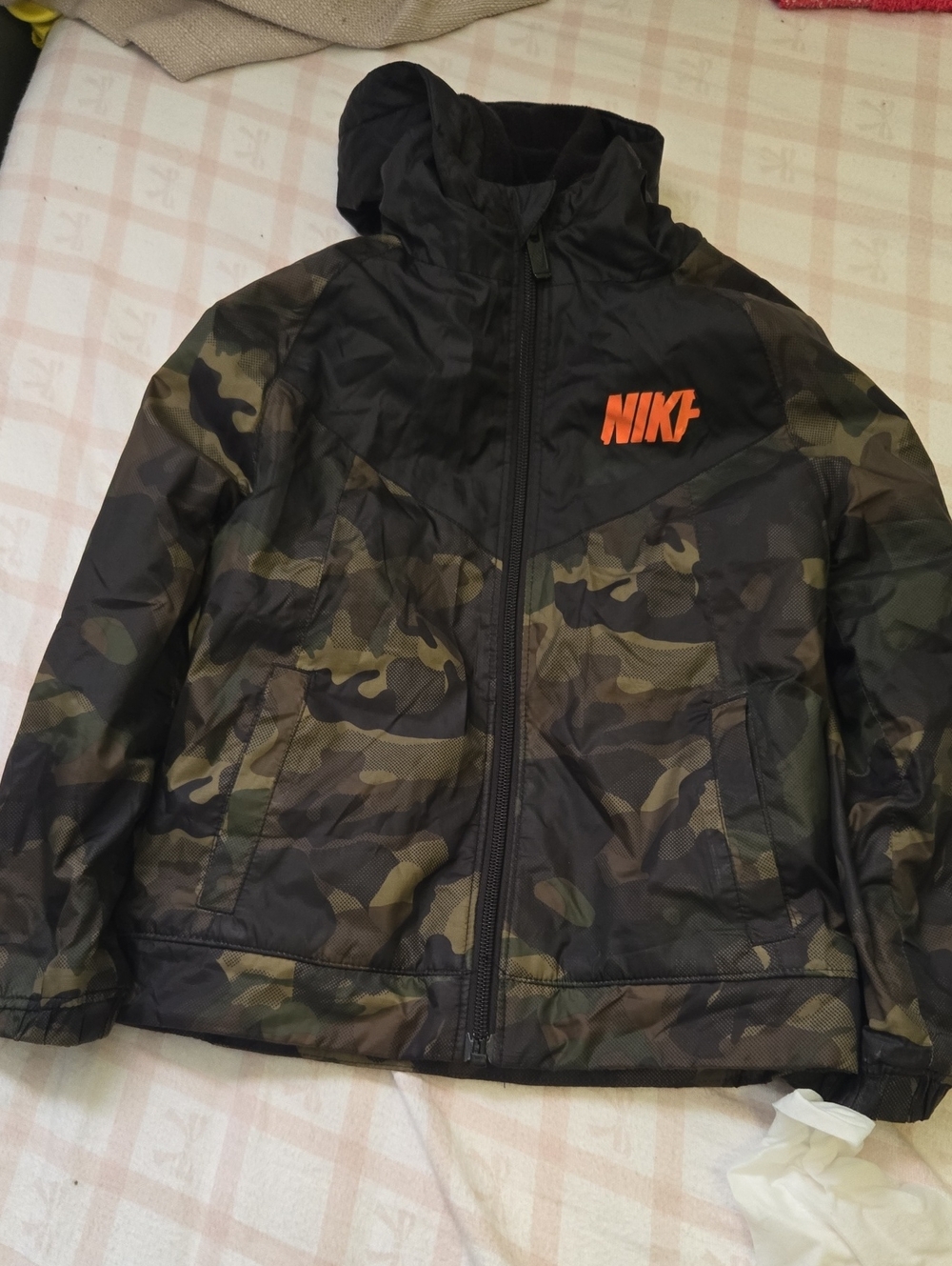 Nike Kids Camo Puff Jacket with Orange Logo - Green/Black